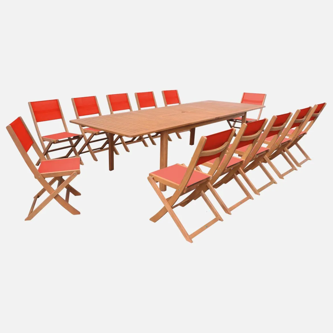 Set tavolo da giardino allungabile in legno di eucalipto con 12 sedie