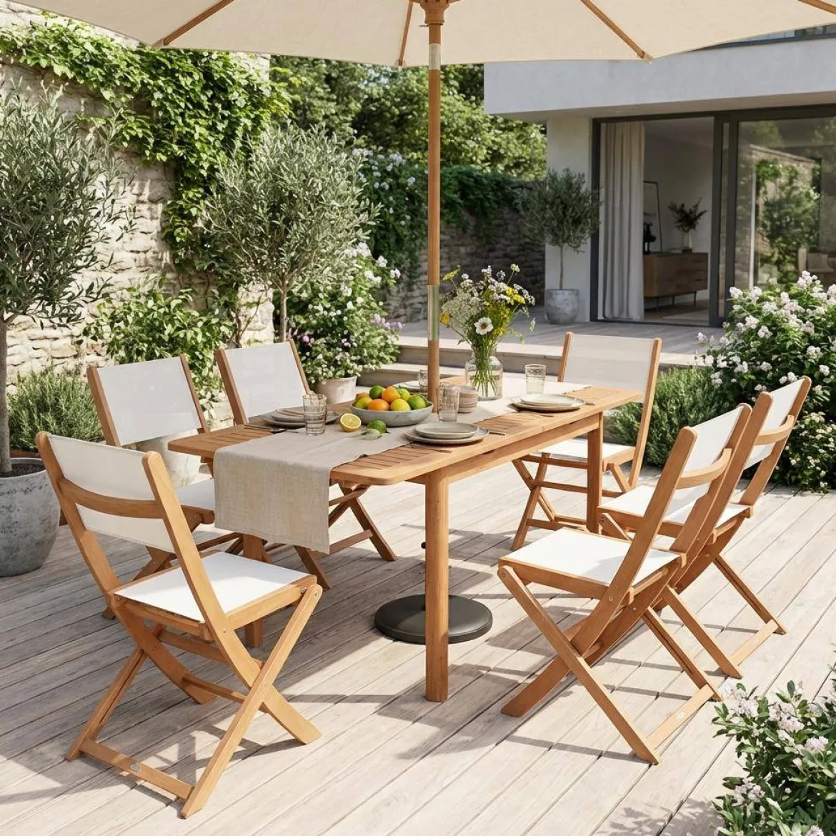 Set tavolo da giardino allungabile in legno di eucalipto con 6 sedie