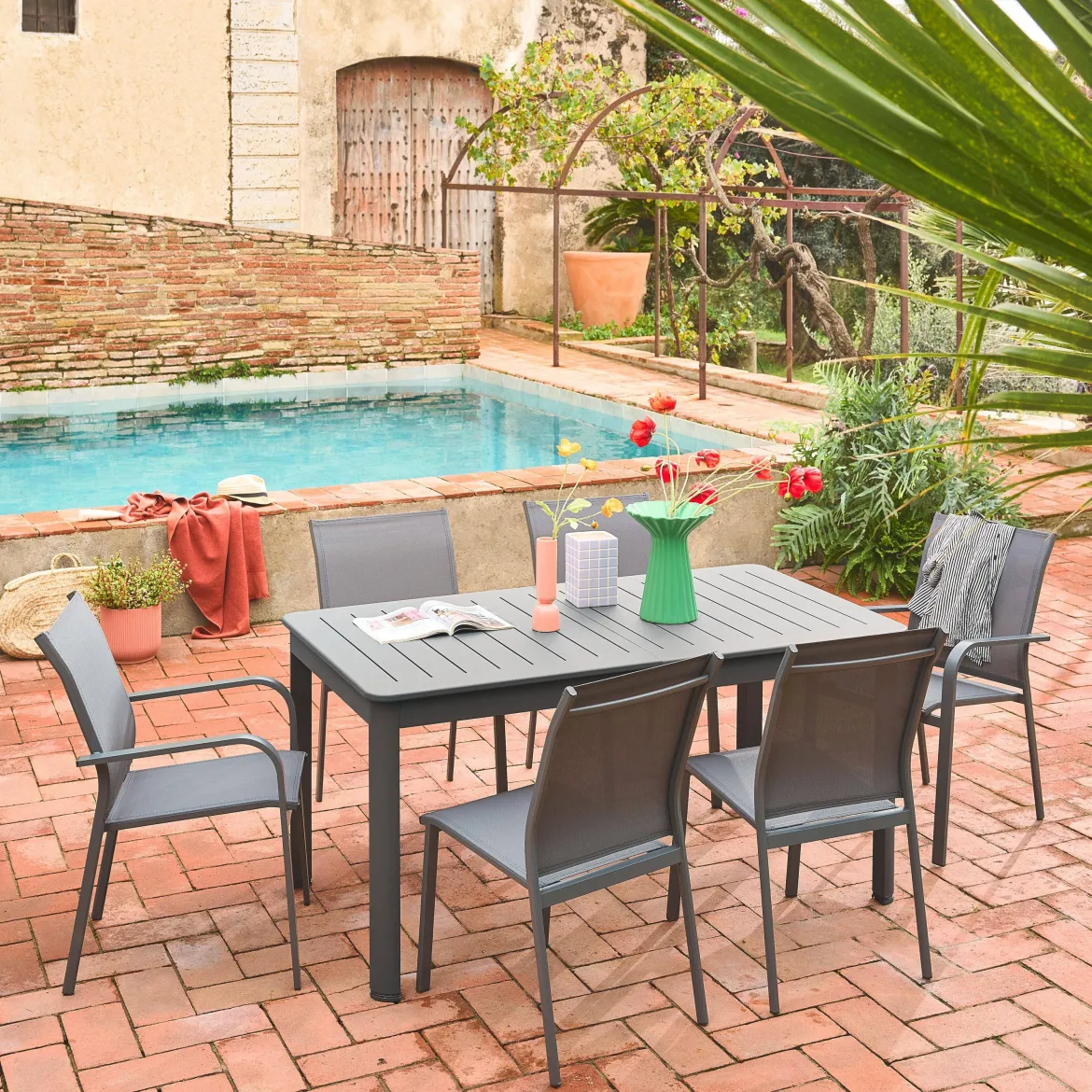 Set tavolo da giardino allungabile in alluminio con 6 sedie