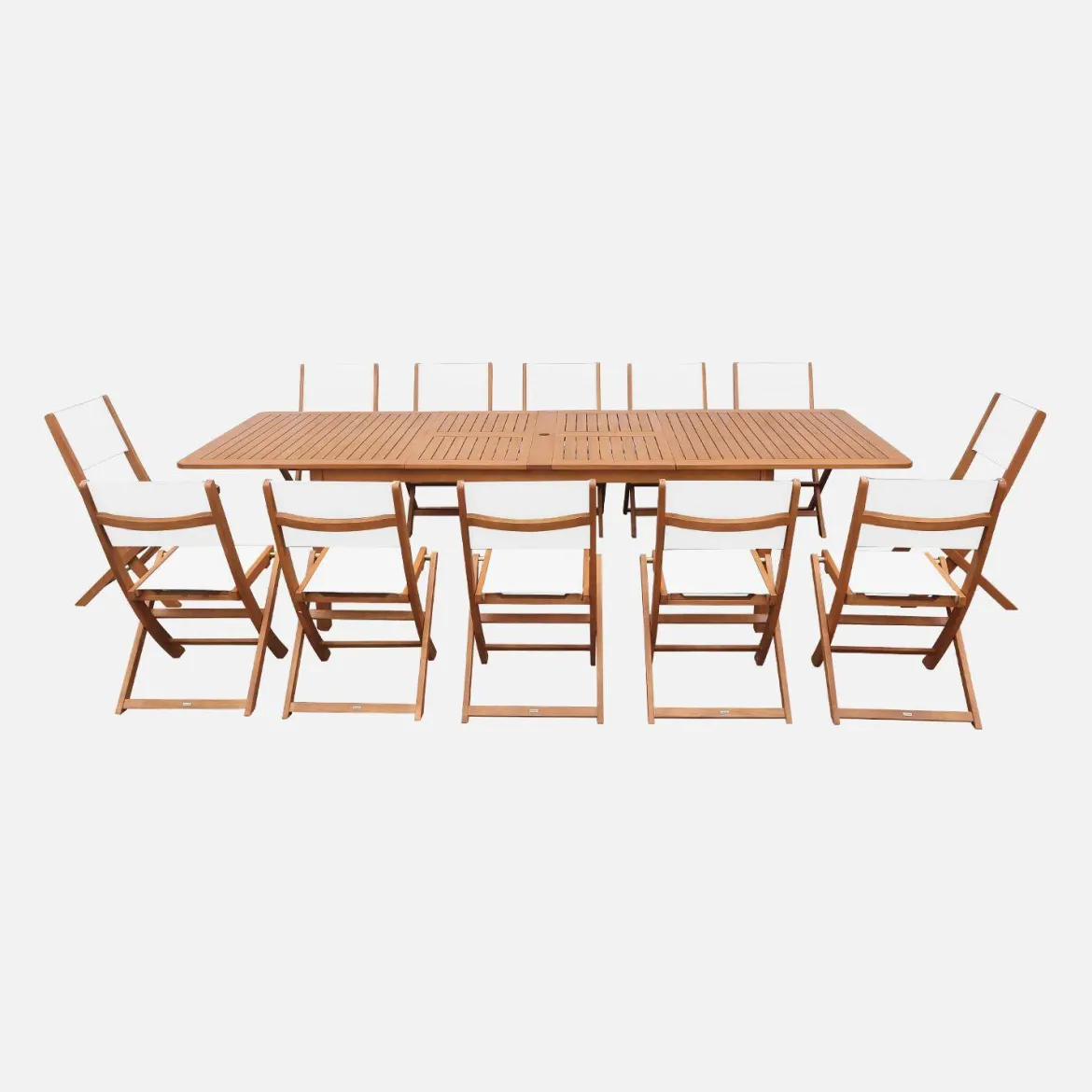 Set tavolo da giardino allungabile in legno di eucalipto con 12 sedie