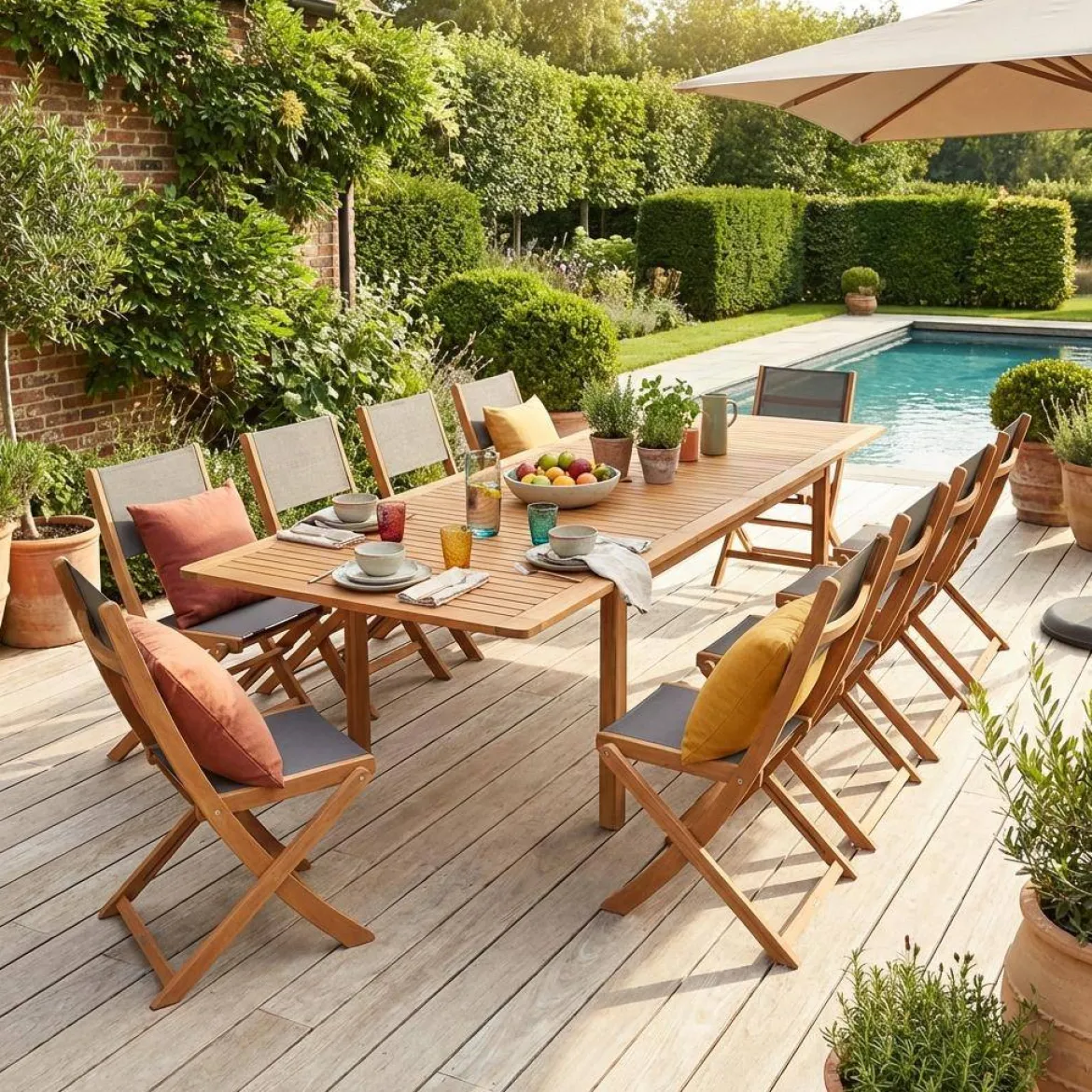 Set tavolo da giardino allungabile in legno di eucalipto con 12 sedie