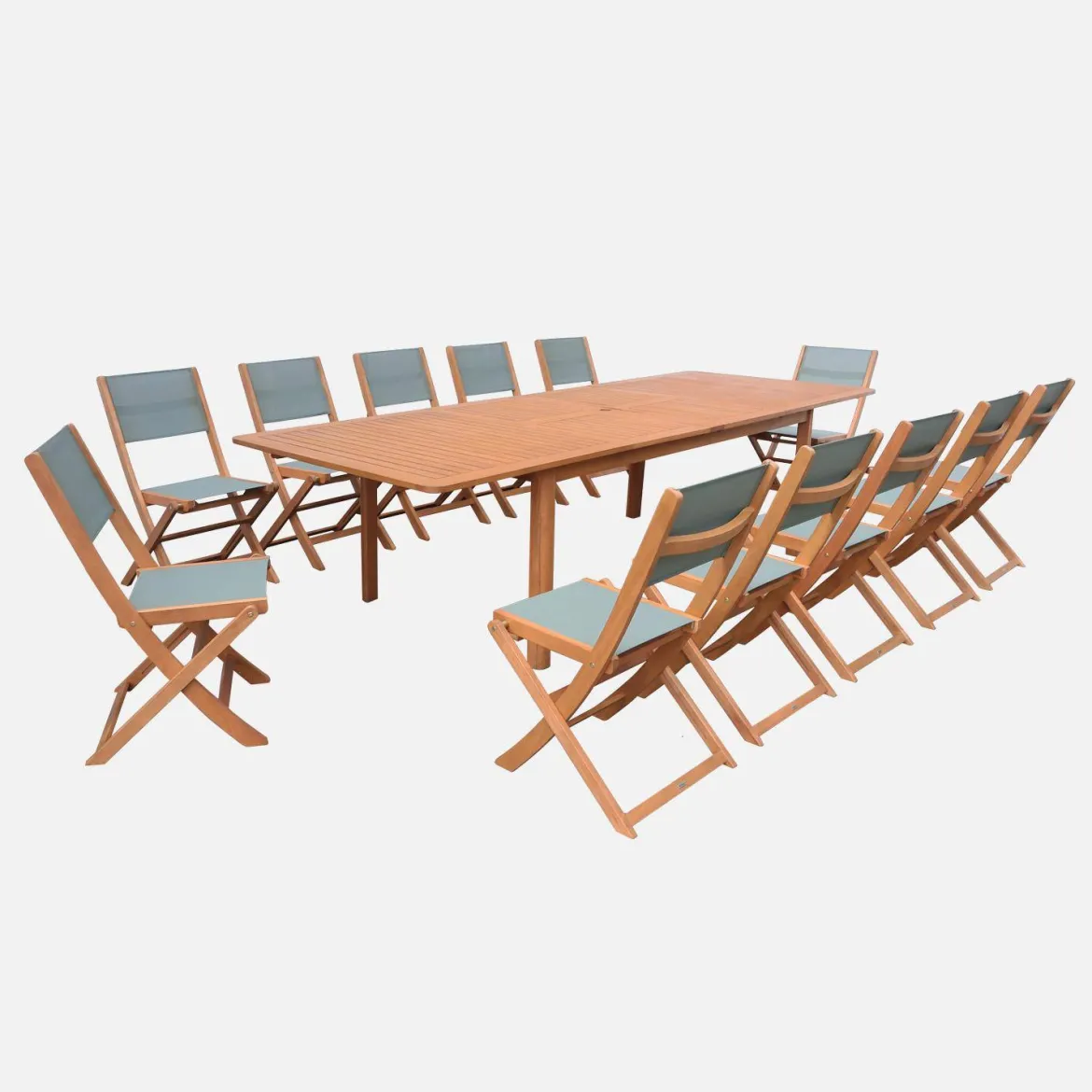 Set tavolo da giardino allungabile in legno di eucalipto con 12 sedie