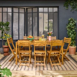 Set tavolo da giardino con angoli arrotondati in legno di acacia con 8 sedie