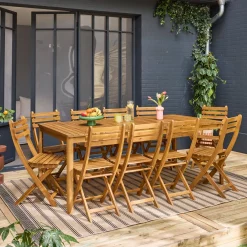 Set tavolo da giardino con angoli arrotondati in legno di acacia con 10 sedie