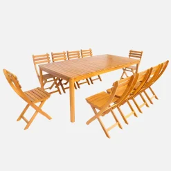 Set tavolo da giardino con angoli arrotondati in legno di acacia con 10 sedie