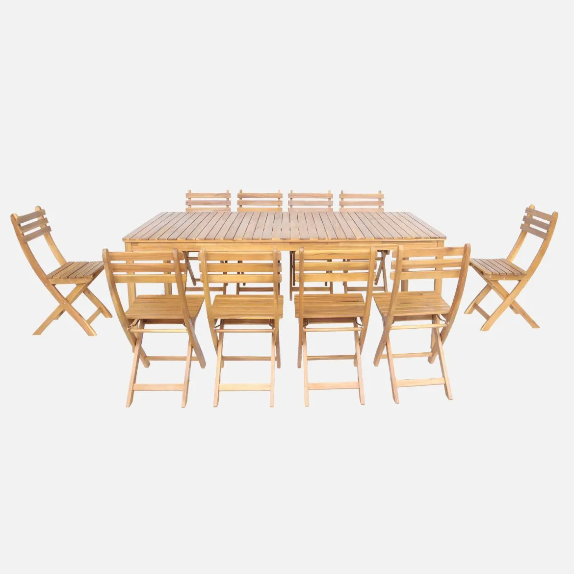 Set tavolo da giardino con angoli arrotondati in legno di acacia con 10 sedie