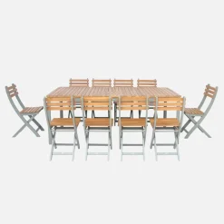 Set tavolo da giardino con angoli arrotondati in legno di acacia con 10 sedie
