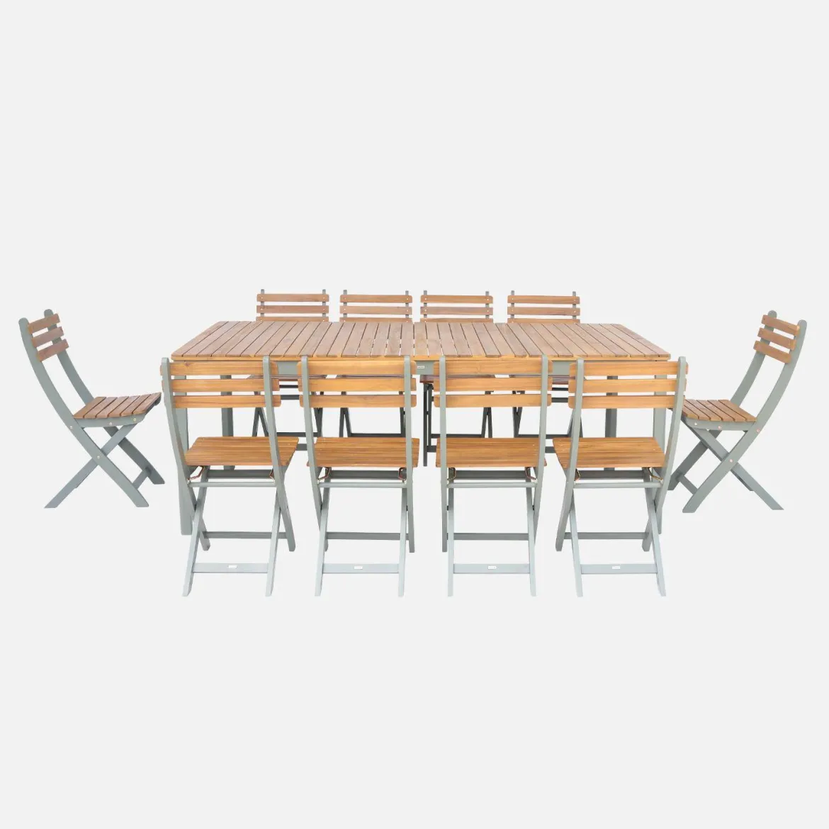 Set tavolo da giardino con angoli arrotondati in legno di acacia con 10 sedie