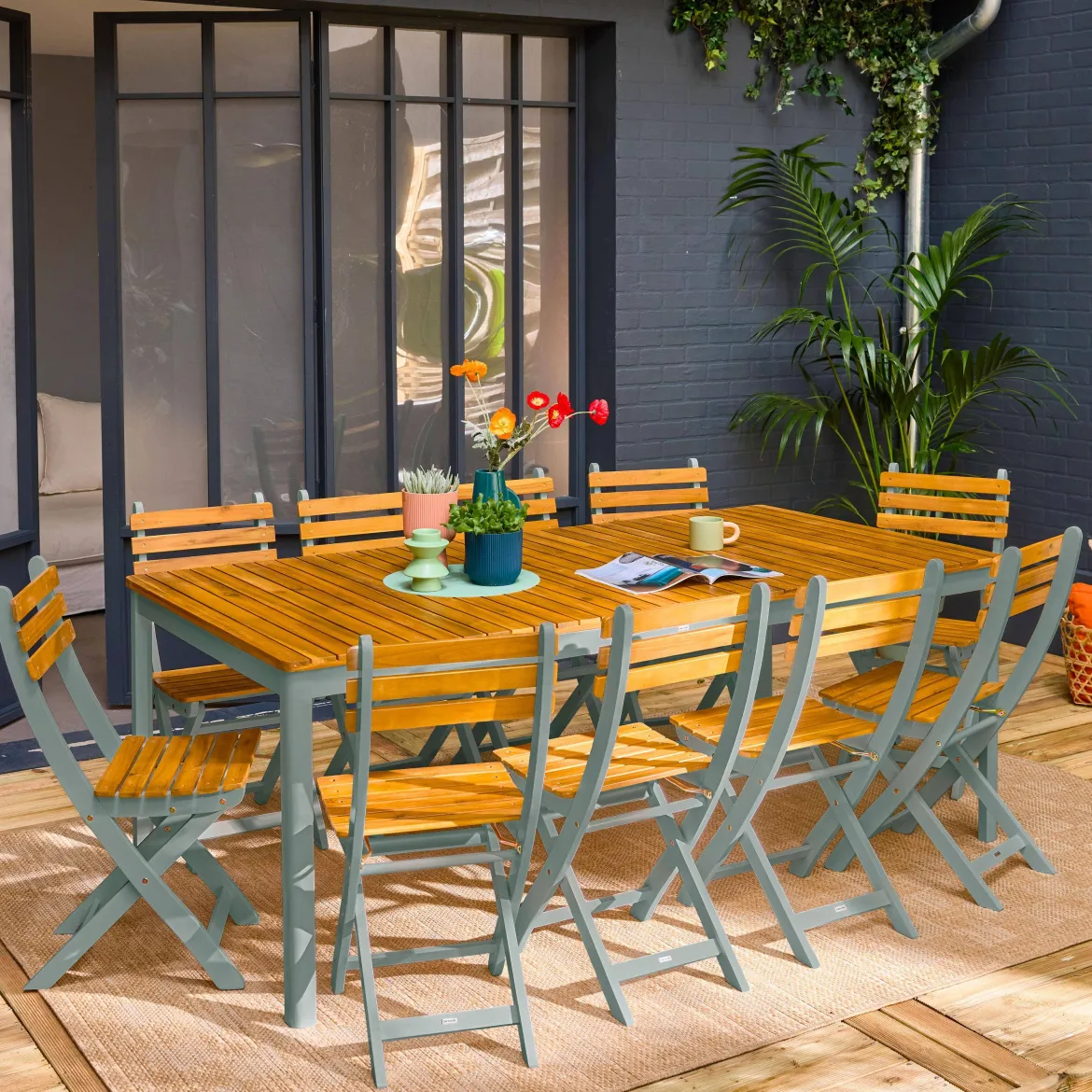Set tavolo da giardino con angoli arrotondati in legno di acacia con 10 sedie
