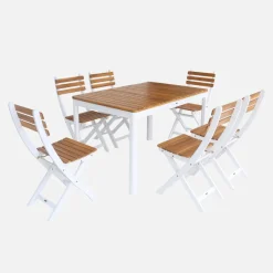 Set tavolo da giardino in acacia con angoli arrotondati con 6 sedie