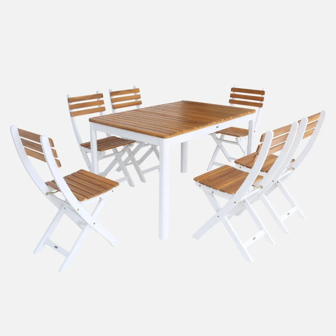 Set tavolo da giardino in acacia con angoli arrotondati con 6 sedie