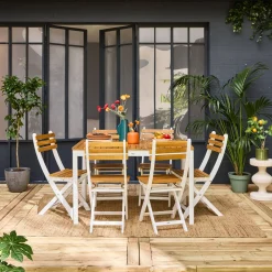 Set tavolo da giardino in acacia con angoli arrotondati con 6 sedie