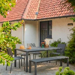 Set tavolo da giardino in alluminio e textilene con 1 panchina e 4 sedie