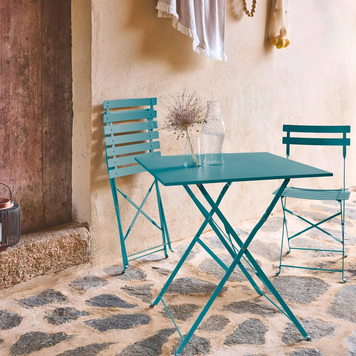 Set tavolo da giardino pieghevole in acciaio con 2 sedie, 70cm