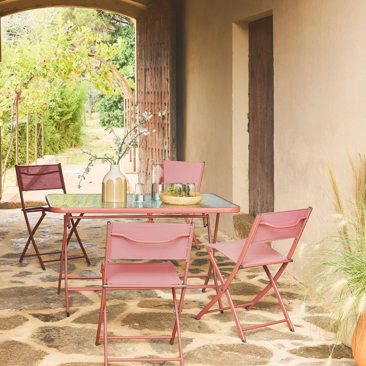 Set tavolo da giardino pieghevole in acciaio con 4 sedie