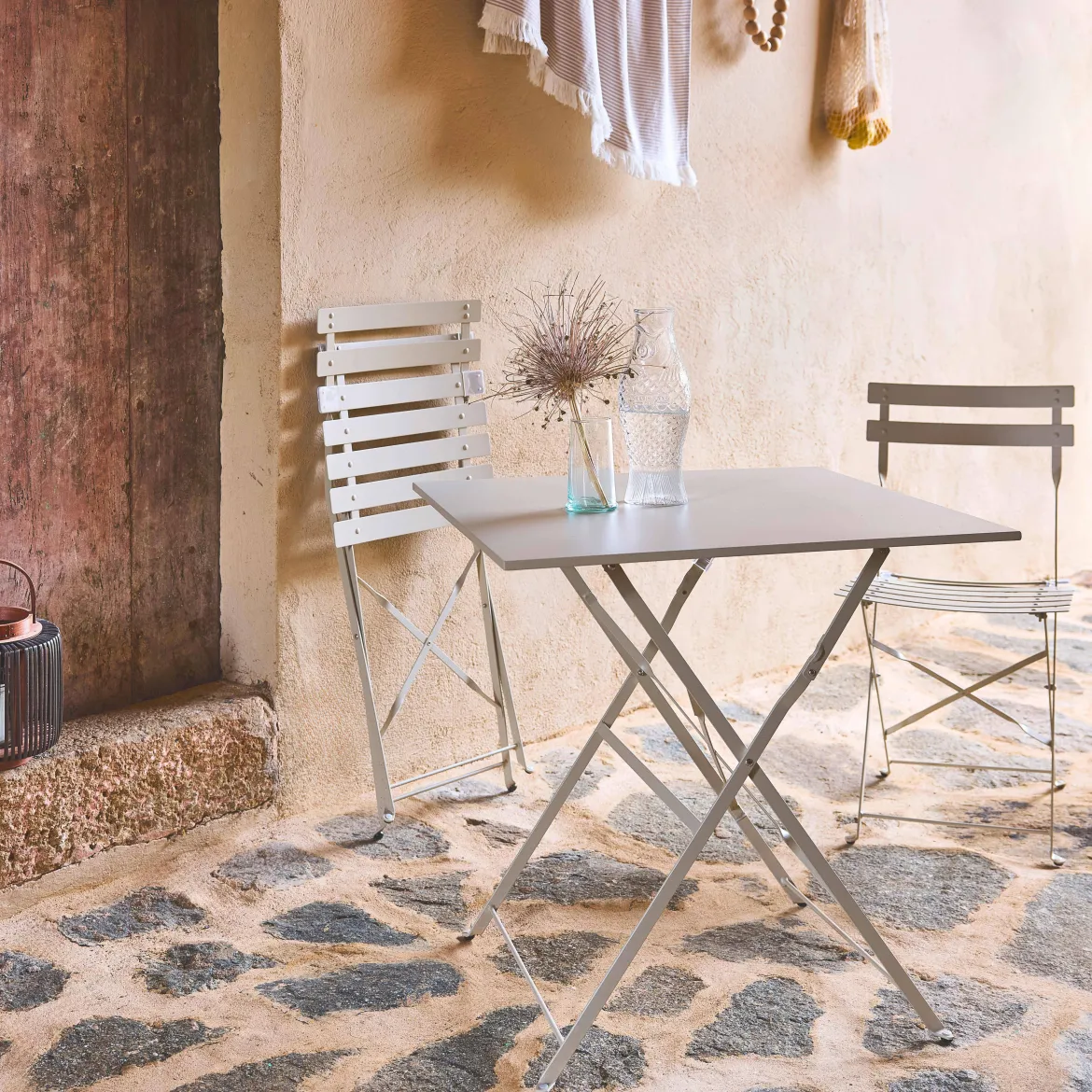 Set tavolo da giardino pieghevole in acciaio con 2 sedie, 70cm