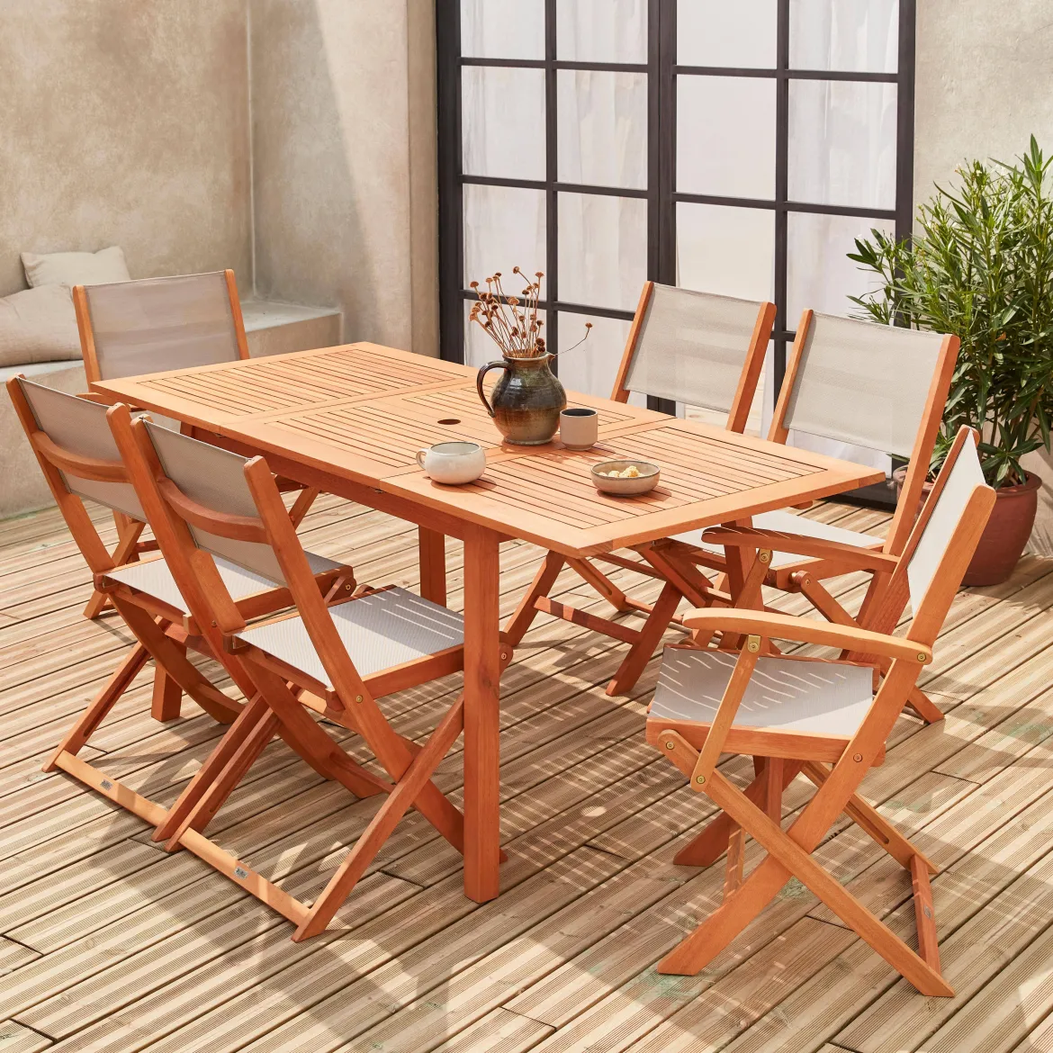 Set tavolo da giardino rettangolare allungabile in legno con 6 sedie