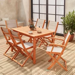 Set tavolo da giardino rettangolare allungabile in legno con 6 sedie