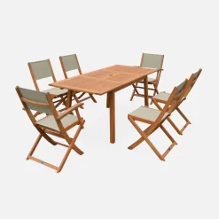 Set tavolo da giardino rettangolare allungabile in legno con 6 sedie