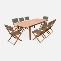 Set tavolo da giardino rettangolare allungabile in legno con 8 sedie