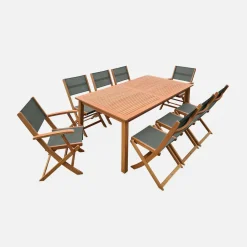 Set tavolo da giardino rettangolare allungabile in legno con 8 sedie