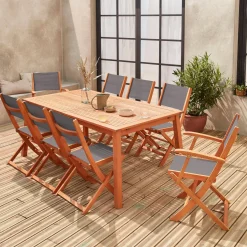 Set tavolo da giardino rettangolare allungabile in legno con 8 sedie