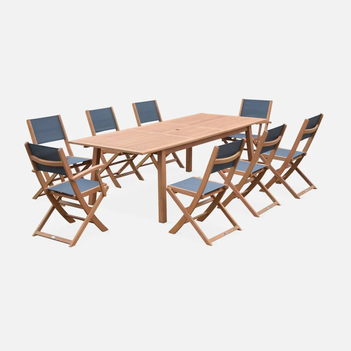 Set tavolo da giardino rettangolare allungabile in legno con 8 sedie