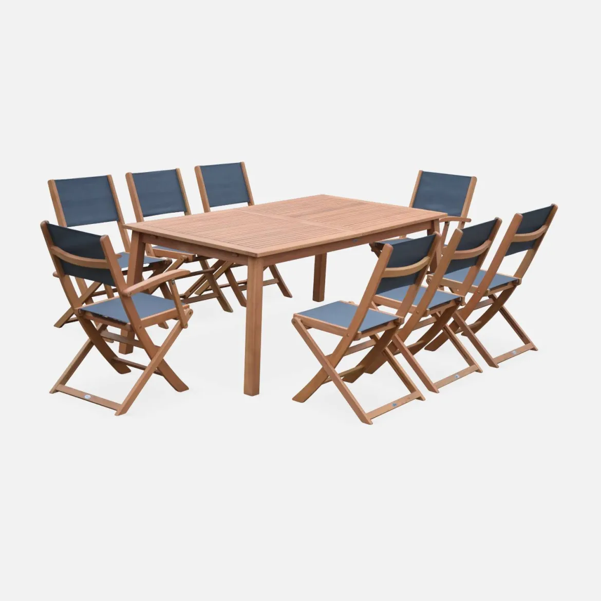 Set tavolo da giardino rettangolare allungabile in legno con 8 sedie