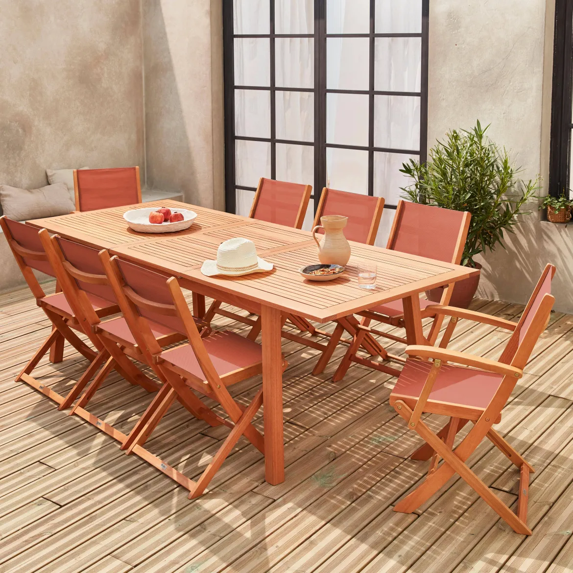 Set tavolo da giardino rettangolare allungabile in legno con 8 sedie