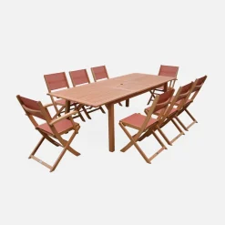 Set tavolo da giardino rettangolare allungabile in legno con 8 sedie