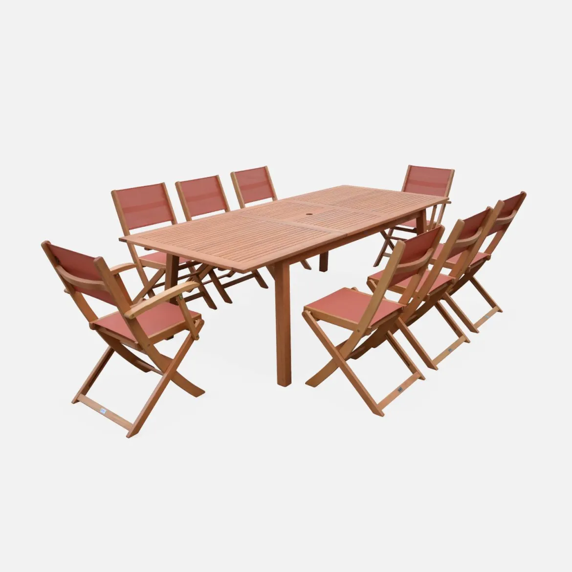 Set tavolo da giardino rettangolare allungabile in legno con 8 sedie