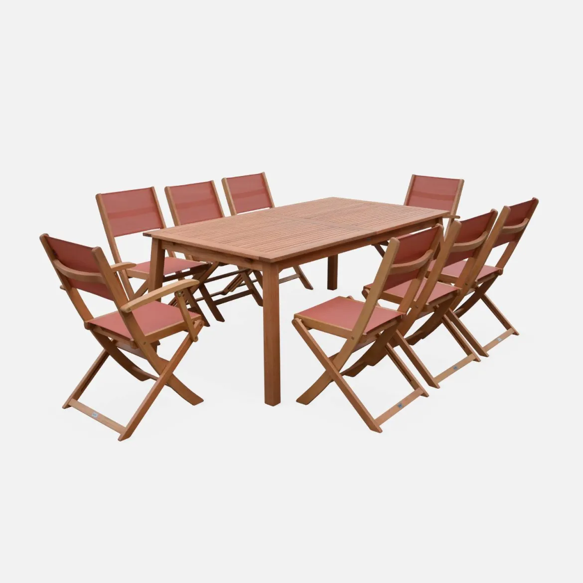 Set tavolo da giardino rettangolare allungabile in legno con 8 sedie