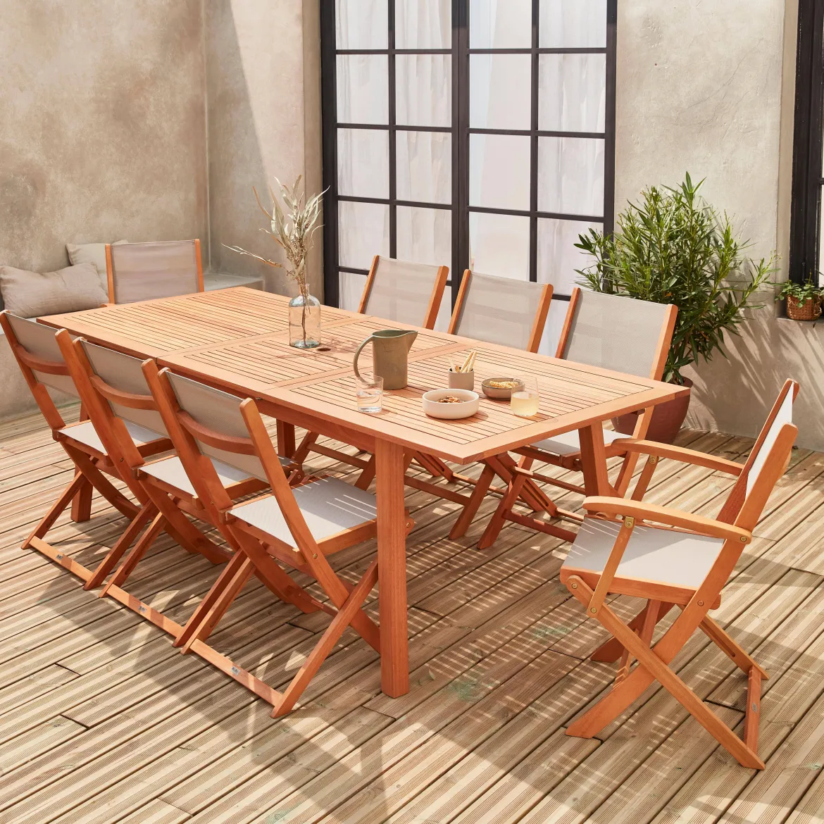 Set tavolo da giardino rettangolare allungabile in legno con 8 sedie