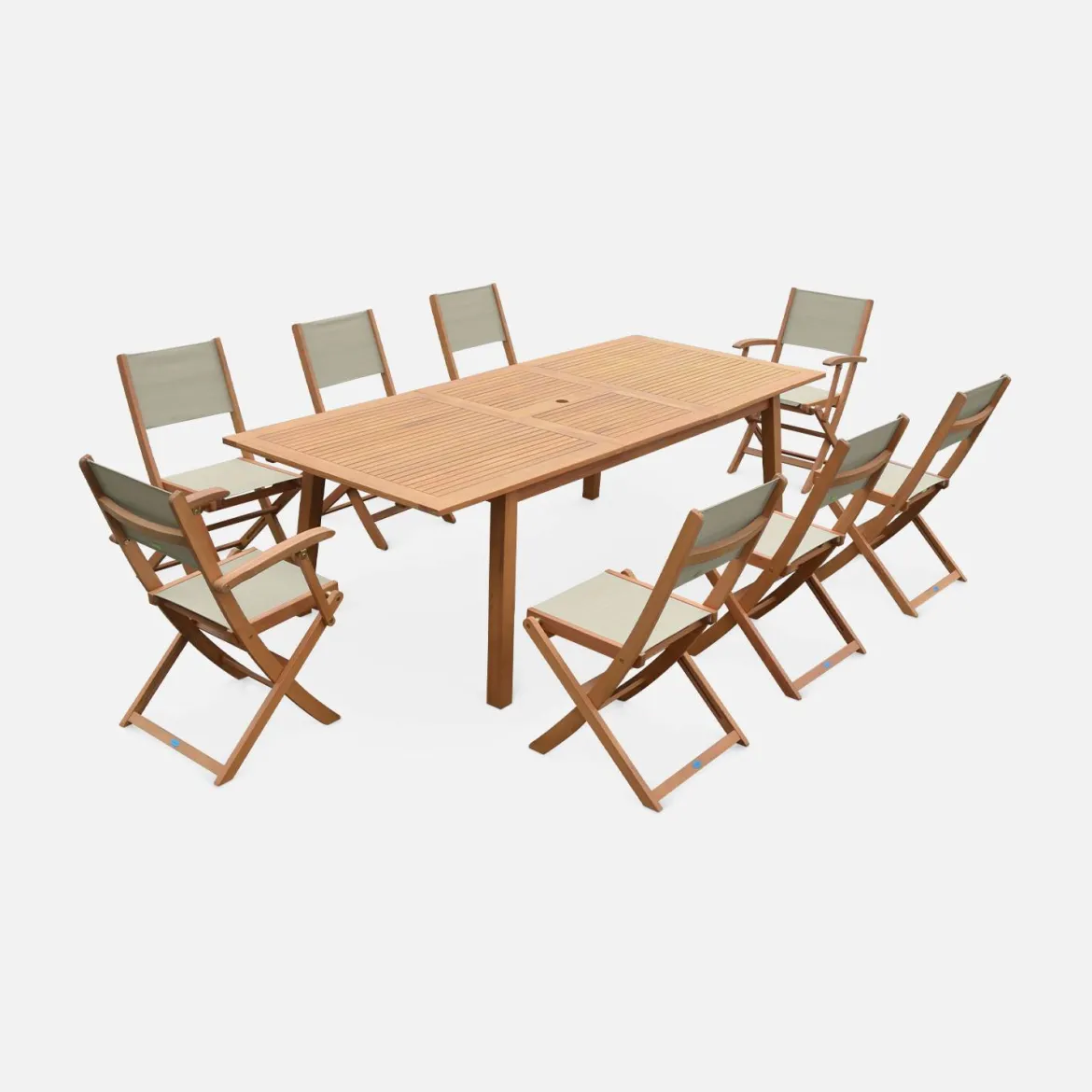 Set tavolo da giardino rettangolare allungabile in legno con 8 sedie