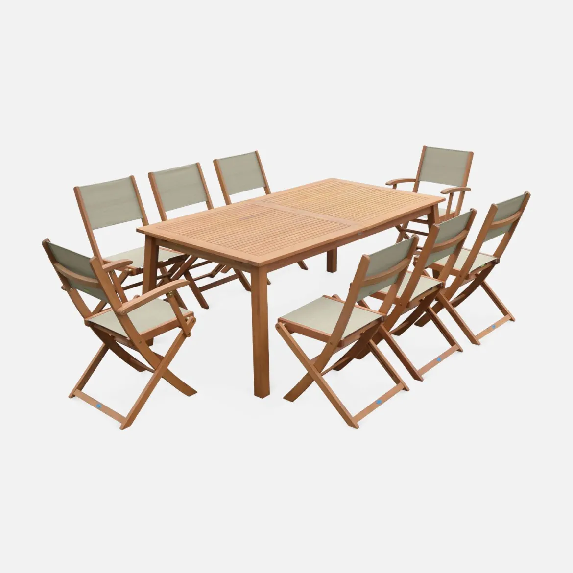Set tavolo da giardino rettangolare allungabile in legno con 8 sedie