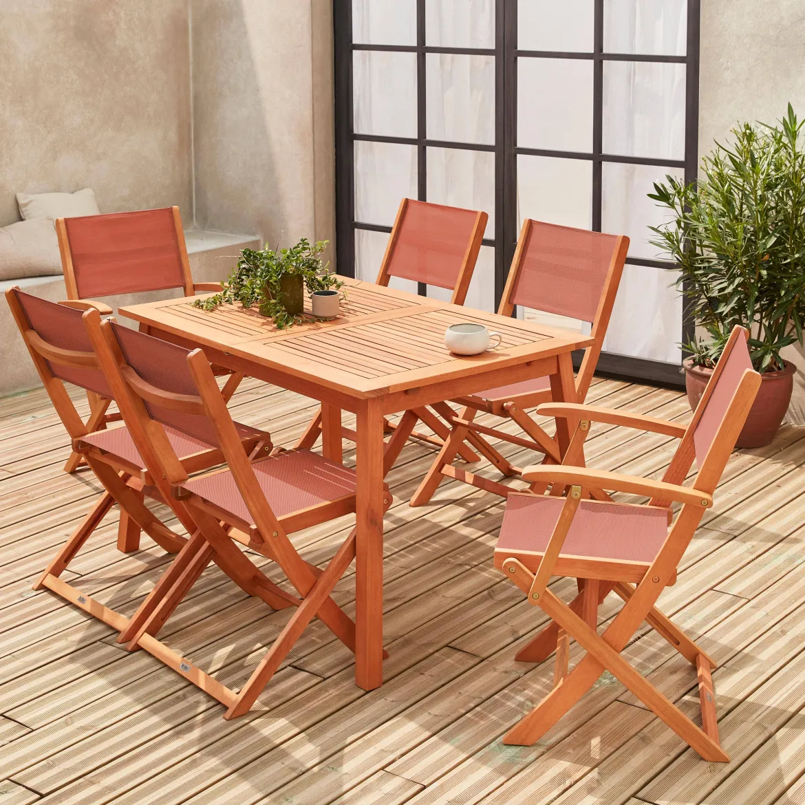Set tavolo da giardino rettangolare allungabile in legno con 6 sedie