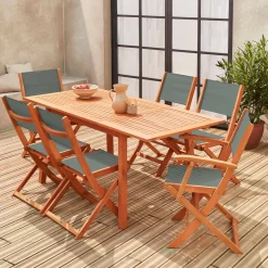 Set tavolo da giardino rettangolare allungabile in legno con 6 sedie
