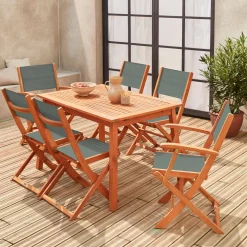 Set tavolo da giardino rettangolare allungabile in legno con 6 sedie