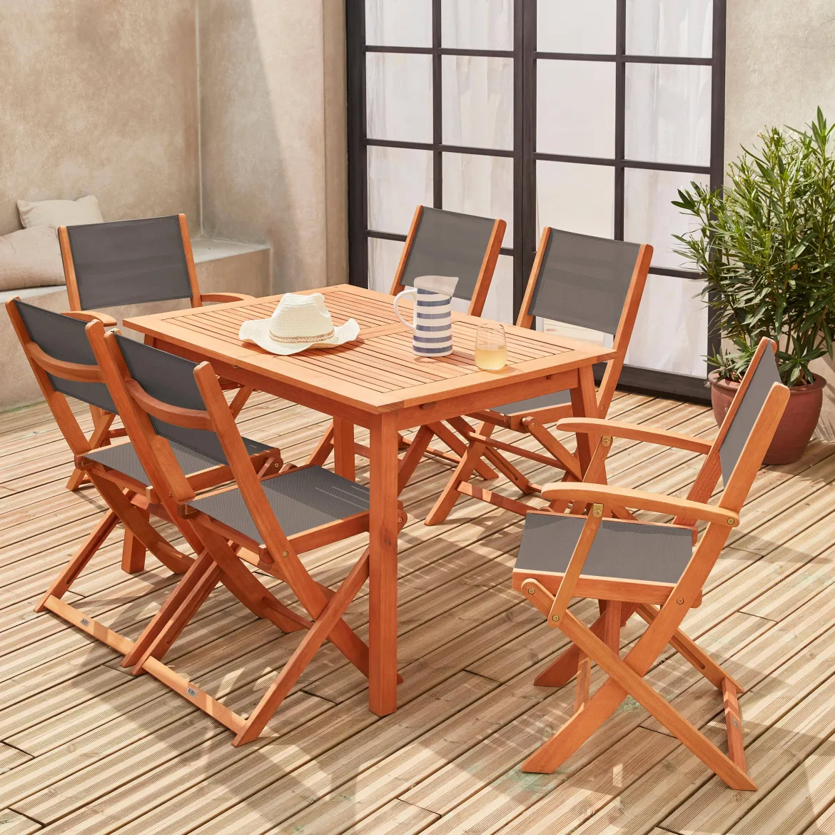 Set tavolo da giardino rettangolare allungabile in legno con 6 sedie