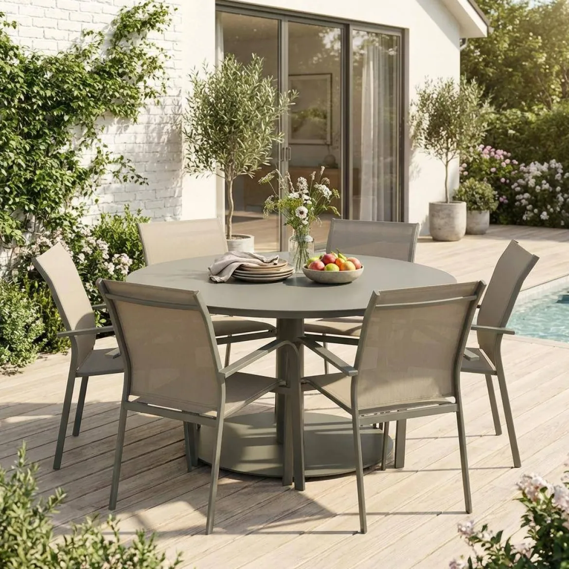 Set tavolo da giardino rotondo in altuminio con 6 sedie