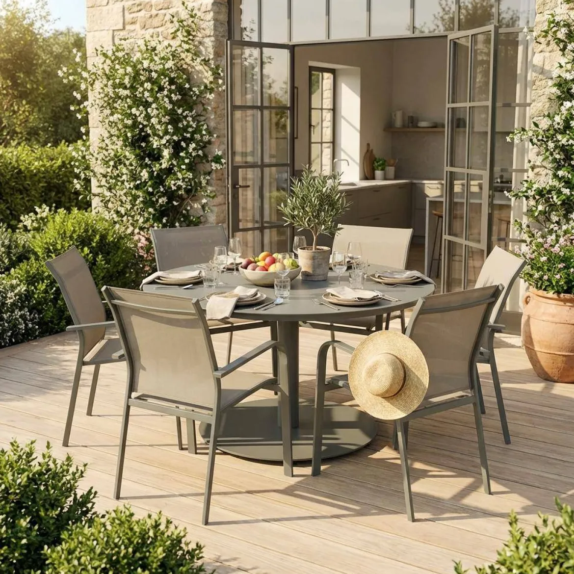 Set tavolo da giardino rotondo in altuminio con 6 sedie