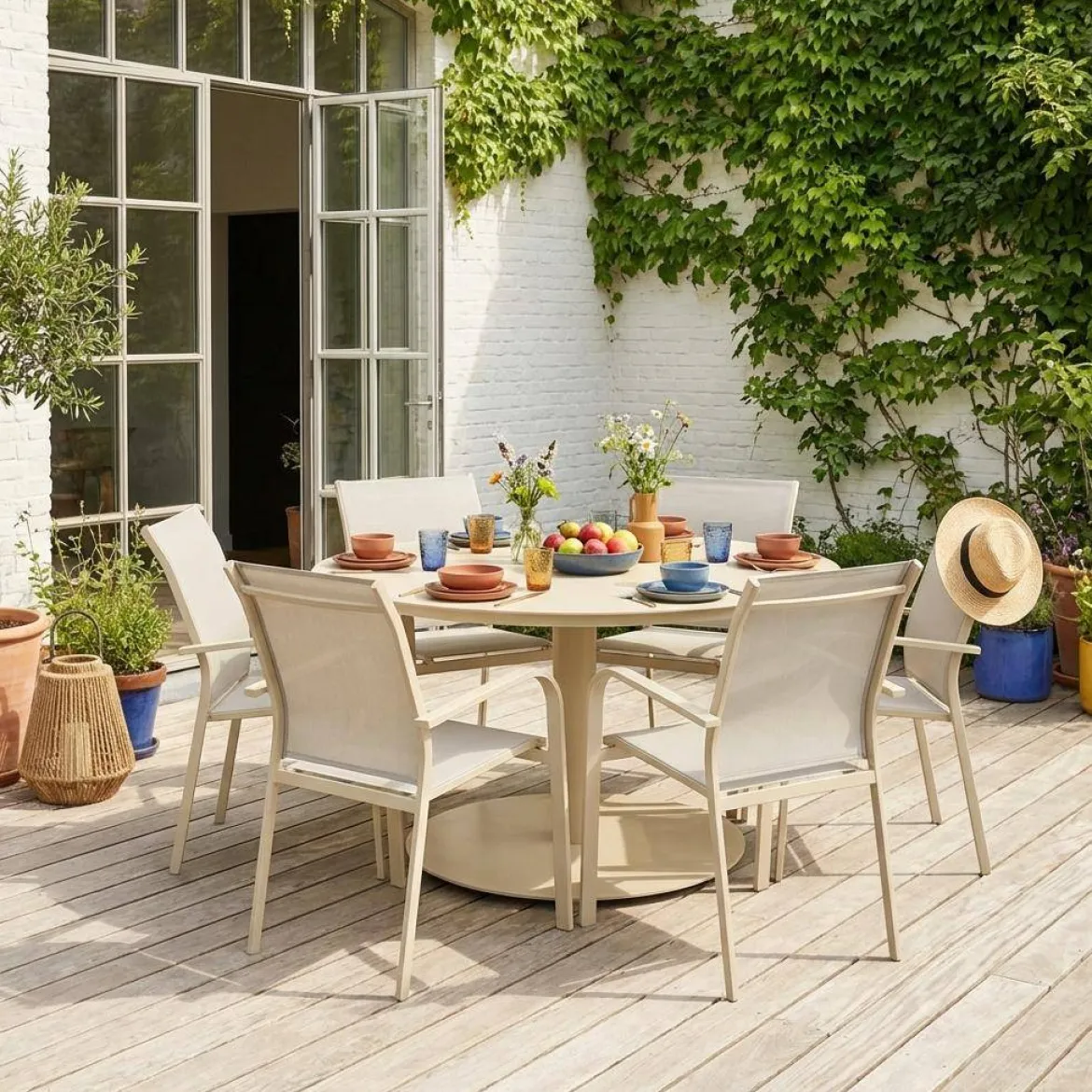 Set tavolo da giardino rotondo in altuminio con 6 sedie
