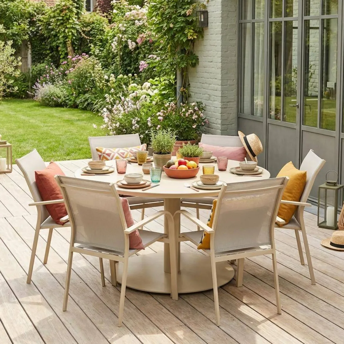 Set tavolo da giardino rotondo in altuminio con 6 sedie