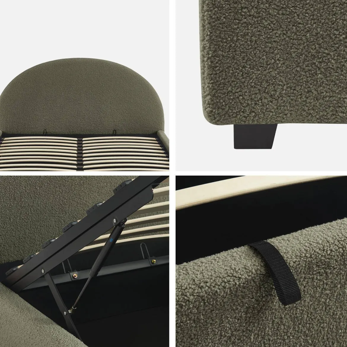 Struttura letto con contenitore e testiera 140x190cm, imbottita bouclé