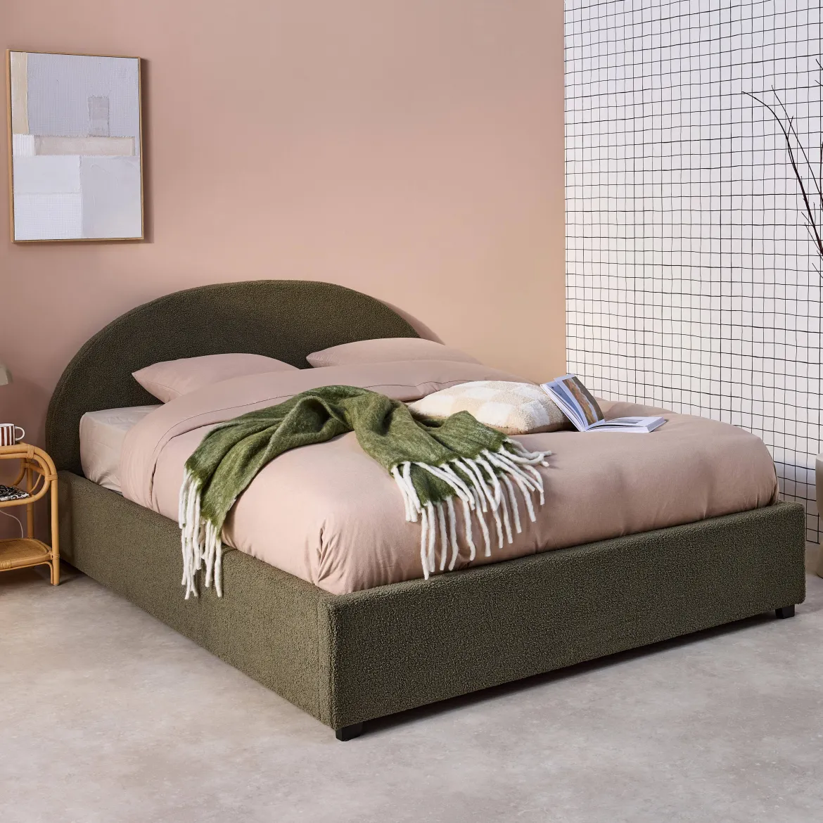 Struttura letto con contenitore e testiera 140x190cm, imbottita bouclé