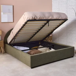 Struttura letto con contenitore e testiera imbottita bouclé, 160x200cm