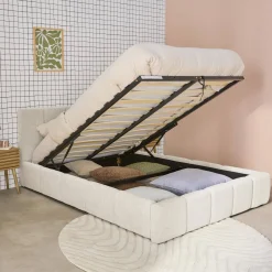 Struttura letto con contenitore e testiera 140cmx190cm, imbottita bouclé
