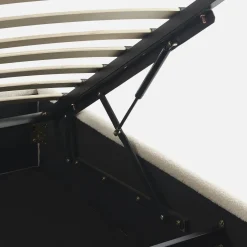 Struttura letto con contenitore e rete a doghe, imbottita bouclé bianco