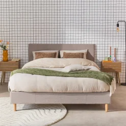 Struttura letto con rete a doghe e testiera 140x190cm, tessuto semplice