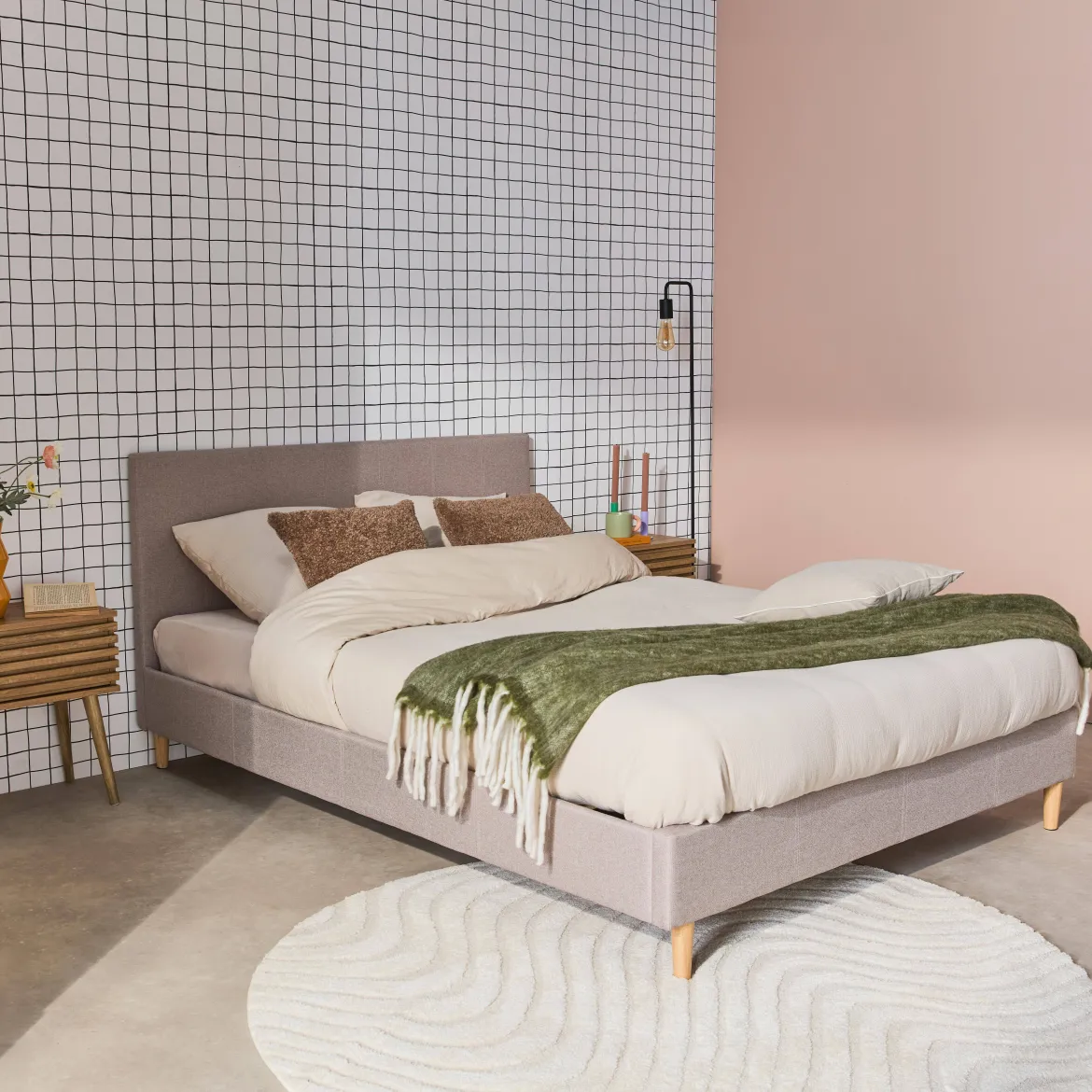Struttura letto con rete a doghe e testiera 140x190cm, tessuto semplice